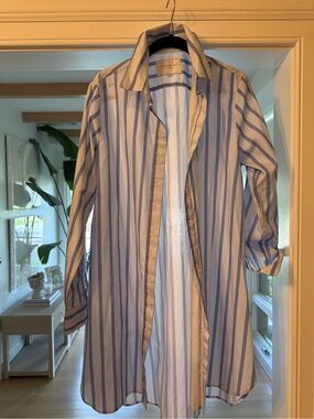 The Shirt by Rochelle Behrens Blue and White Striped Button-Down Tunic Dress